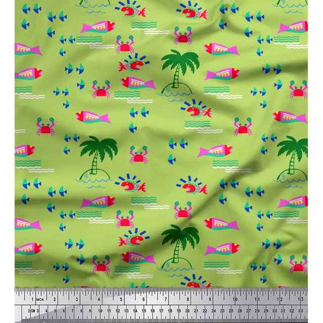 Soimoi Green polyester Crepe Fabric Palm Tree,Crab & Fish Ocean Print Sewing Fabric Yard 42 Inch Wide