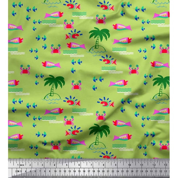 Soimoi Green Viscose Chiffon Fabric Palm Tree,Crab & Fish Ocean Fabric Prints By Yard 42 Inch Wide
