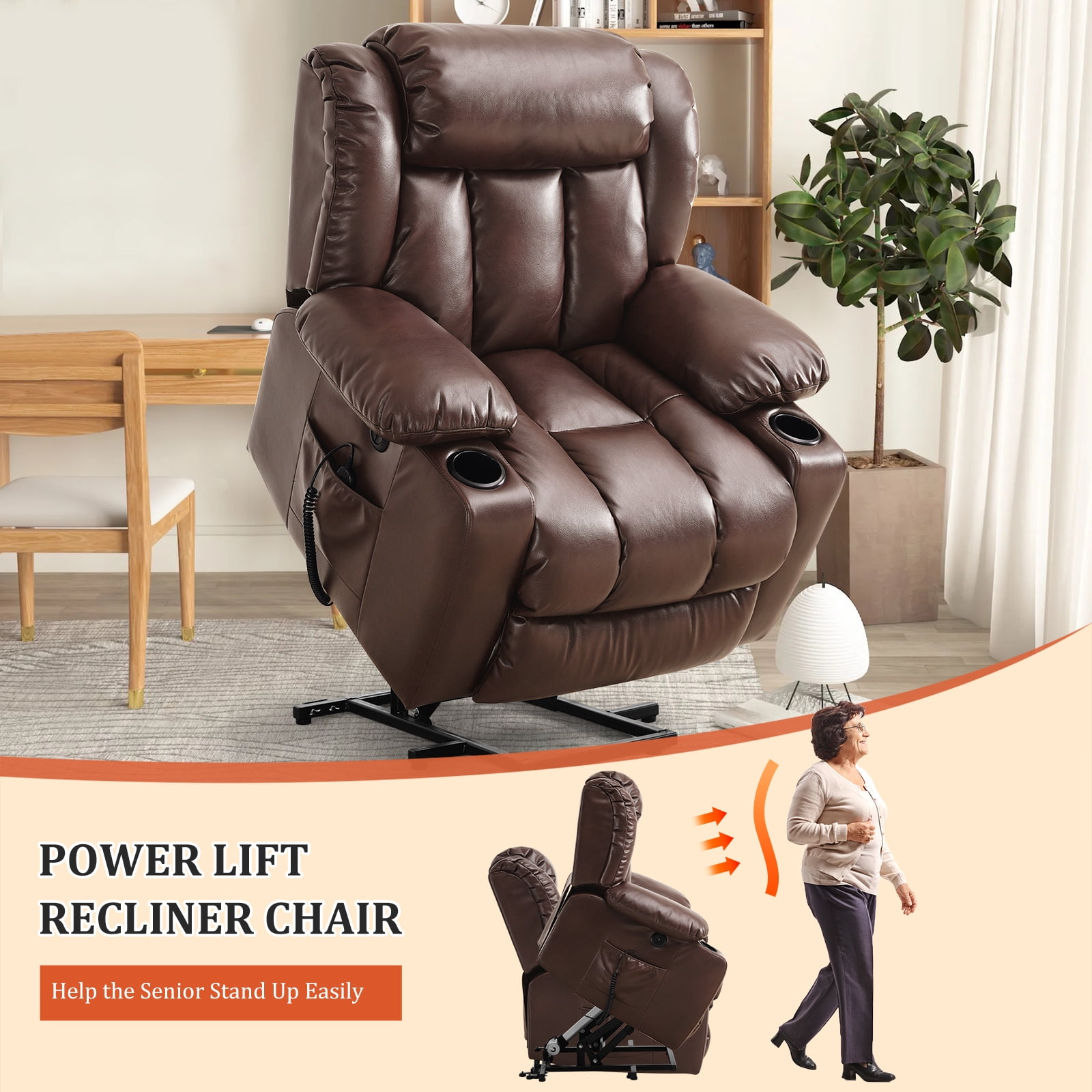 TEKAMON Large Power Lift Recliner Chair for Elderly with Heat and Massage Leather Electric Recliners Chair For Living Room with Cup Holders, Remote Control (Brown)
