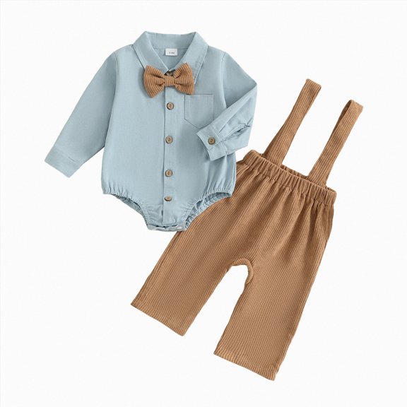 Xudanell Newborn Infant Baby Boy Outfits Suit Bowtie Dress Romper Suspender Overalls Pants Set Gentleman Wedding Clothes Formal (Blue, 3-6 Months)