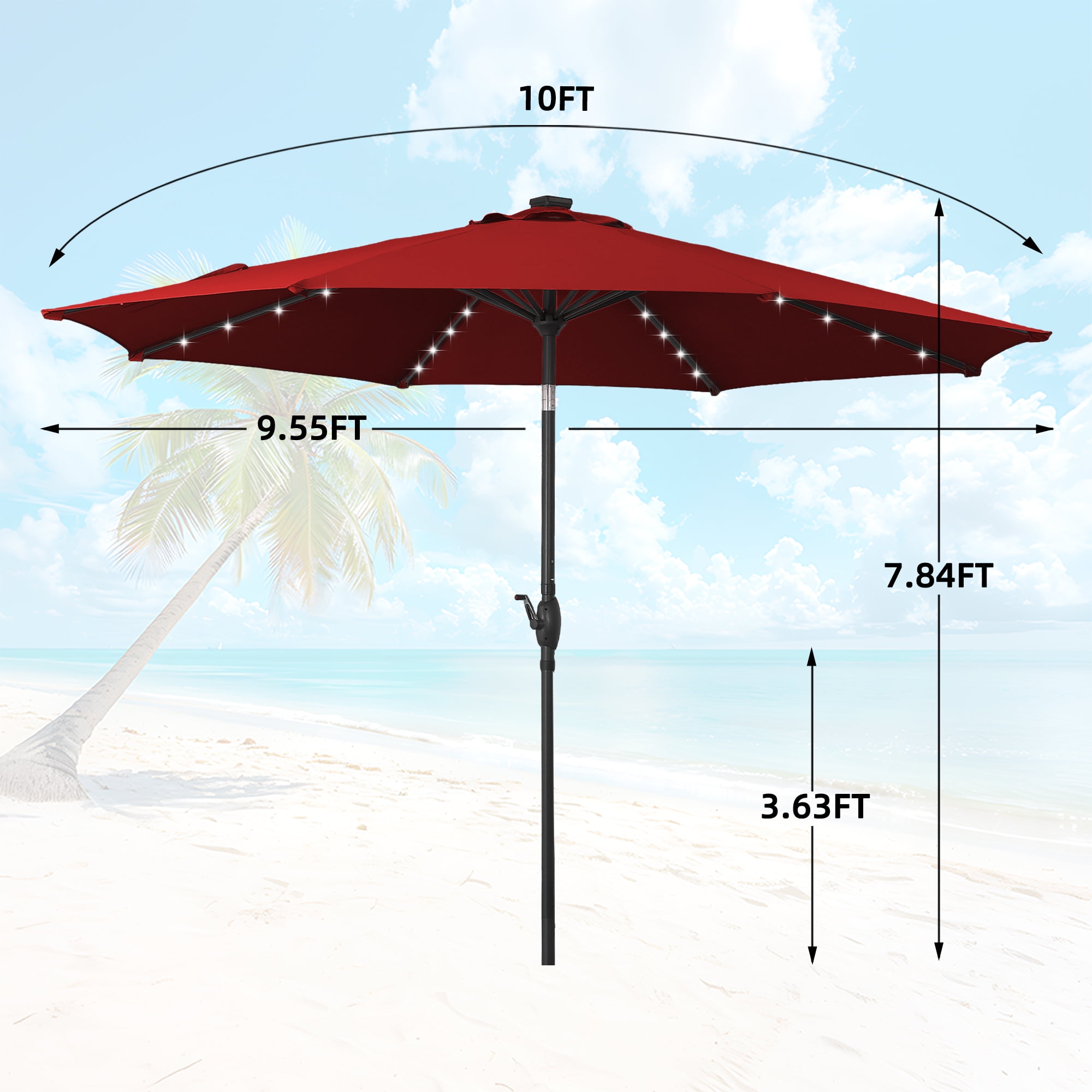 Autlaycil 10ft Patio Umbrellas 32 Solar LED Lights Outdoor Market Umbrella with Tilt Crank, Solar Umnrella - Red