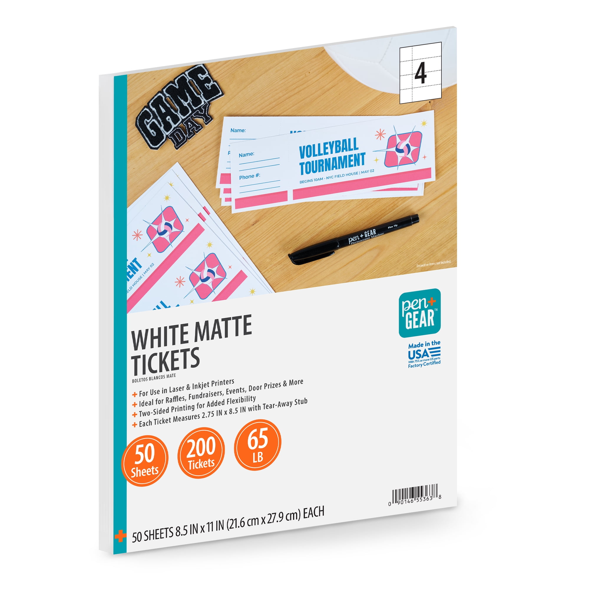 Pen+Gear White Matte Raffle Tickets With Stubs, 50 Sheets, 200 Total