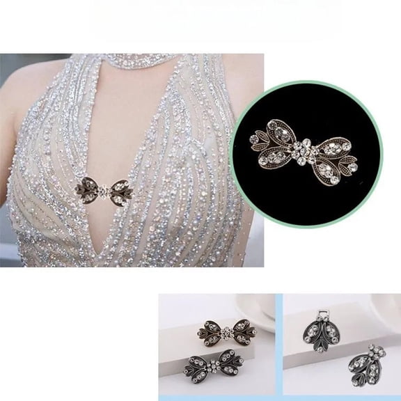 Women's Vintage Rhinestone Brooch with Alligator Clip | Sweater Clip, Scarf Pin, Waist Clip, Collar Jewelry for Blouse Dress Jacket | Adjustable Antique Silver Brooch (1pc)