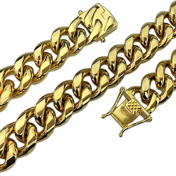 Mens 24K Gold Plated 24" Inch Chain Stainless Steel 14MM Wide Cuban Heavy Hip Hop Jewelry Necklace