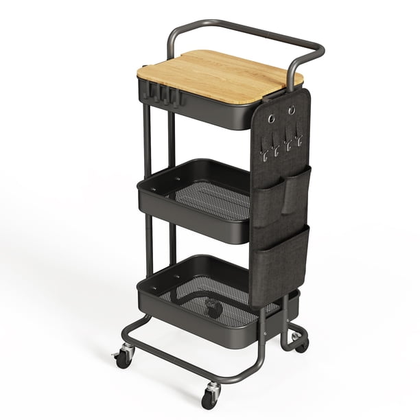Utilitario de metal Rolling Cart DTK de 3 niveles con mesa y almacenamiento lateral