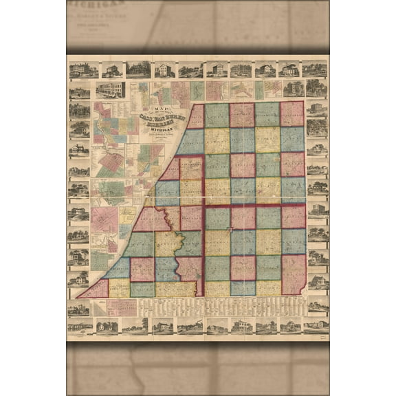 24"x36" Gallery Poster, Map of Cass Van Buren Berrien cos. Michigan 1860
