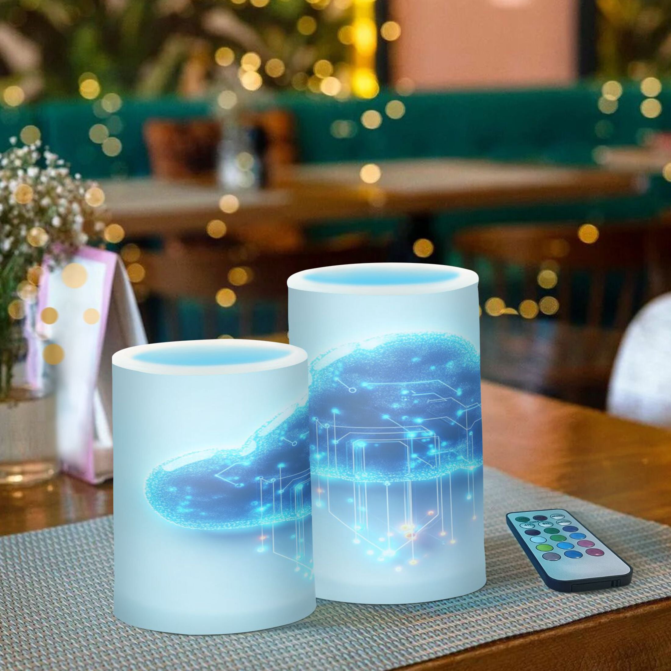 2 PCS Flameless Candles with Remote Timer LED Battery Operated Flickering Candle Light for Wedding Table Home Decoration Gifts Glowing Blue Clouds