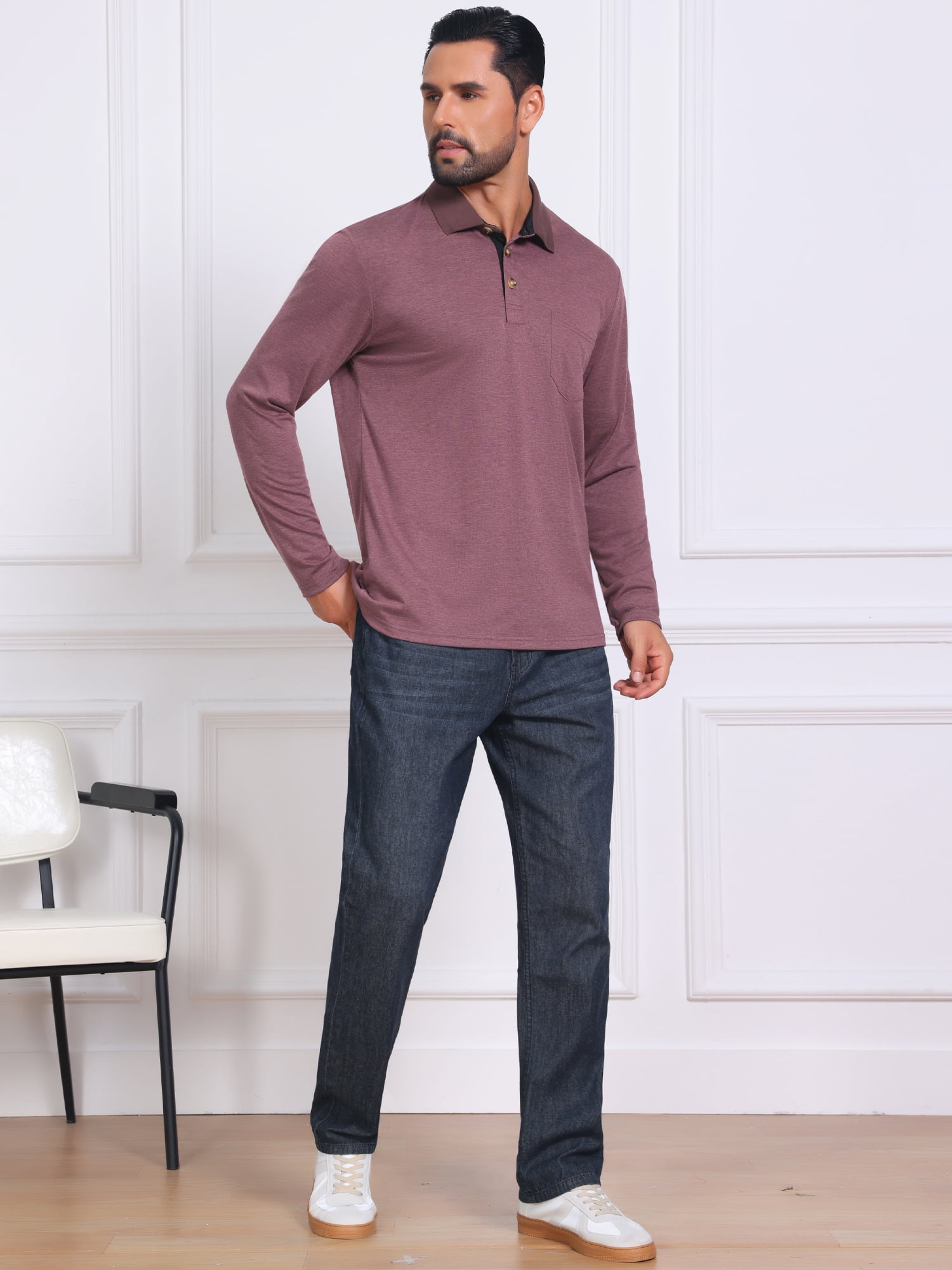 DARING DIVA Men's Contrast Button Collared Long Sleeves Golf Polo T-Shirts M Burgundy