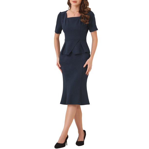 Conjunto de blusa peplum y falda INSPIRE CHIC para atuendo de negocios de mujer, top de cuello cuadrado, manga corta, falda ajustada de cola de pez, color azul marino