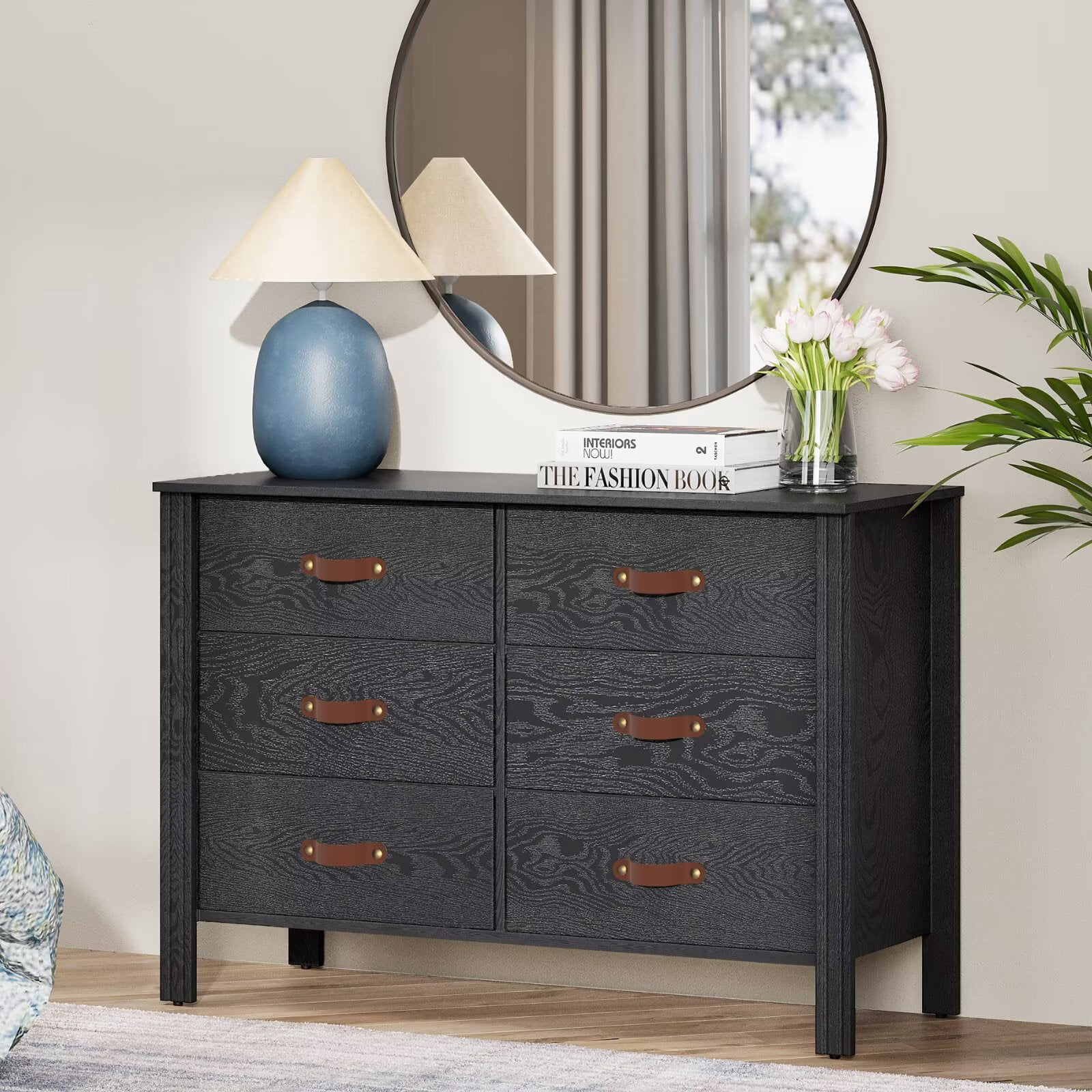 WAMPAT Modern Black Dresser with 6 Drawers, Wood Storage Cabinet for Bedroom, Kids Dressers, Chest of Drawers for Living Room and Hallway