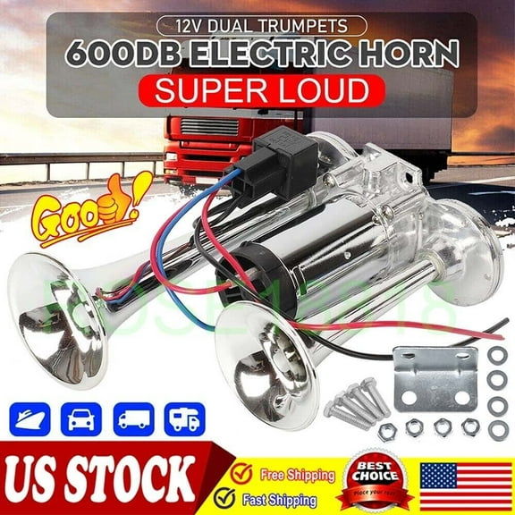 Super-Loud Train Electric Air Horn 600DB Dual Trumpets Car Truck Boat Speaker^