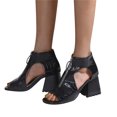 thumbnail image 3 of Womens Sandals 2024 Fashion Solid Color Leather Hollow Open Toe Thick High Heeled Front Zipper Roman Sandals, 3 of 9