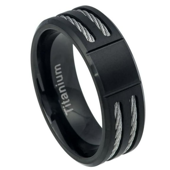 Brushed Black Ion Plated Titanium Double Cable Design Ring Size 8