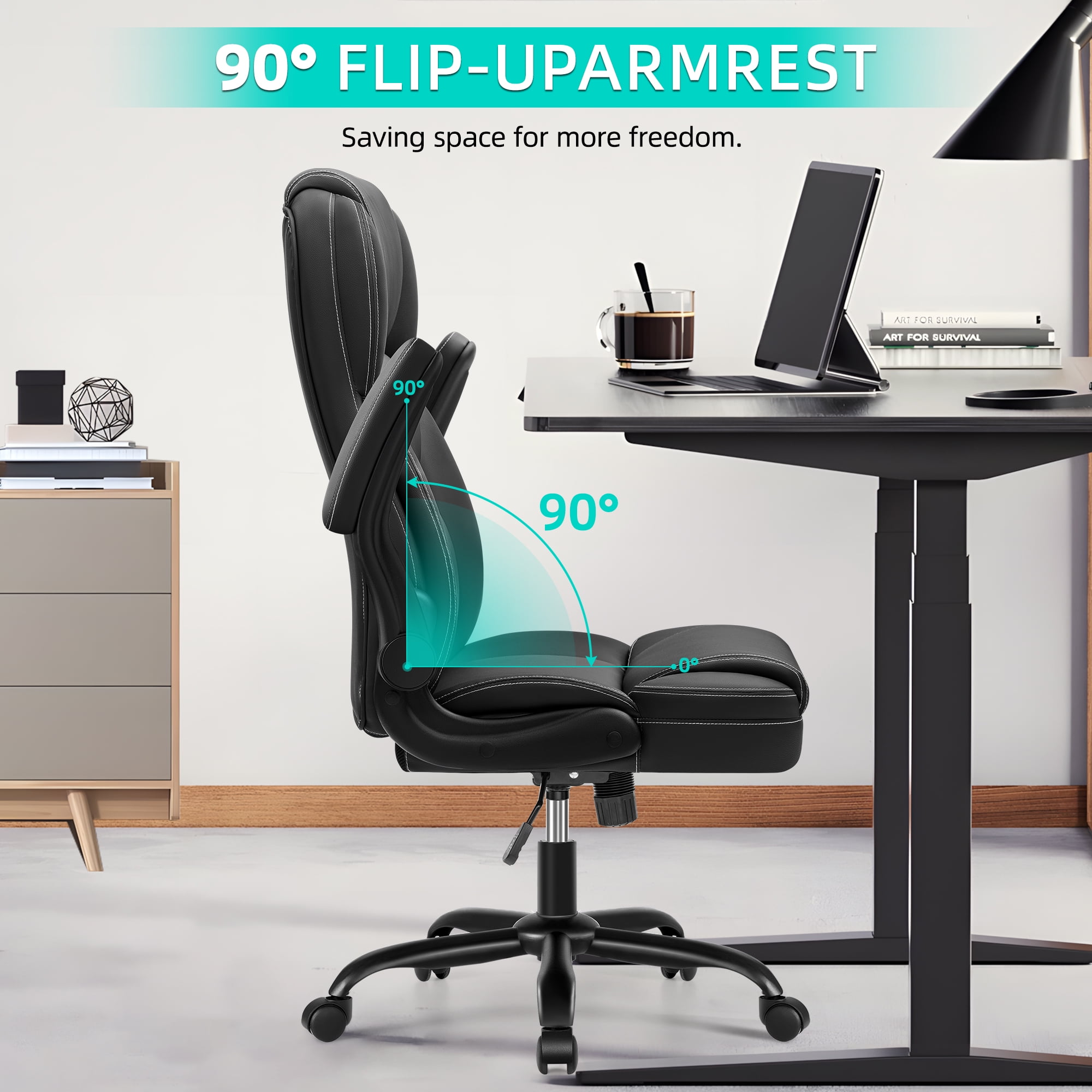 COOLHUT Bige and Tall Executive Office Chair 400lbs, Ergonomic PU Leather Computer Desk Chair with Flip-Up Armrests, Comfy Heavy Duty Office Chair for Home Office Gaming, Black