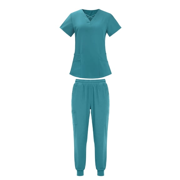 Ecqkame Scrub Set for Women Short Sleeve V-Neck Tops and Long Pants Breathable Stretch Nurses Medical Uniform Outfits Mint Green L