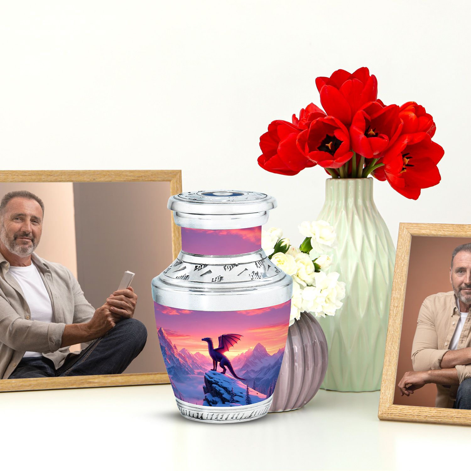 JAGASY Dragon Memorial Urn for Ashes Adult Male & Female, Pink Keepsake Small Urns for Human Ashes, Snowy Mountain & Sunset Decorative Urns for Mother, Cremation Urn for Father, (3 Inch)