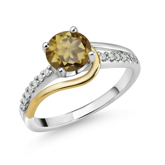 Gem Stone King 925 Sterling Silver and 10K Yellow Gold Round Whiskey Quartz and White Moissanite Engagement Ring for Women (1.36 Cttw, Round 7MM, Size 7)