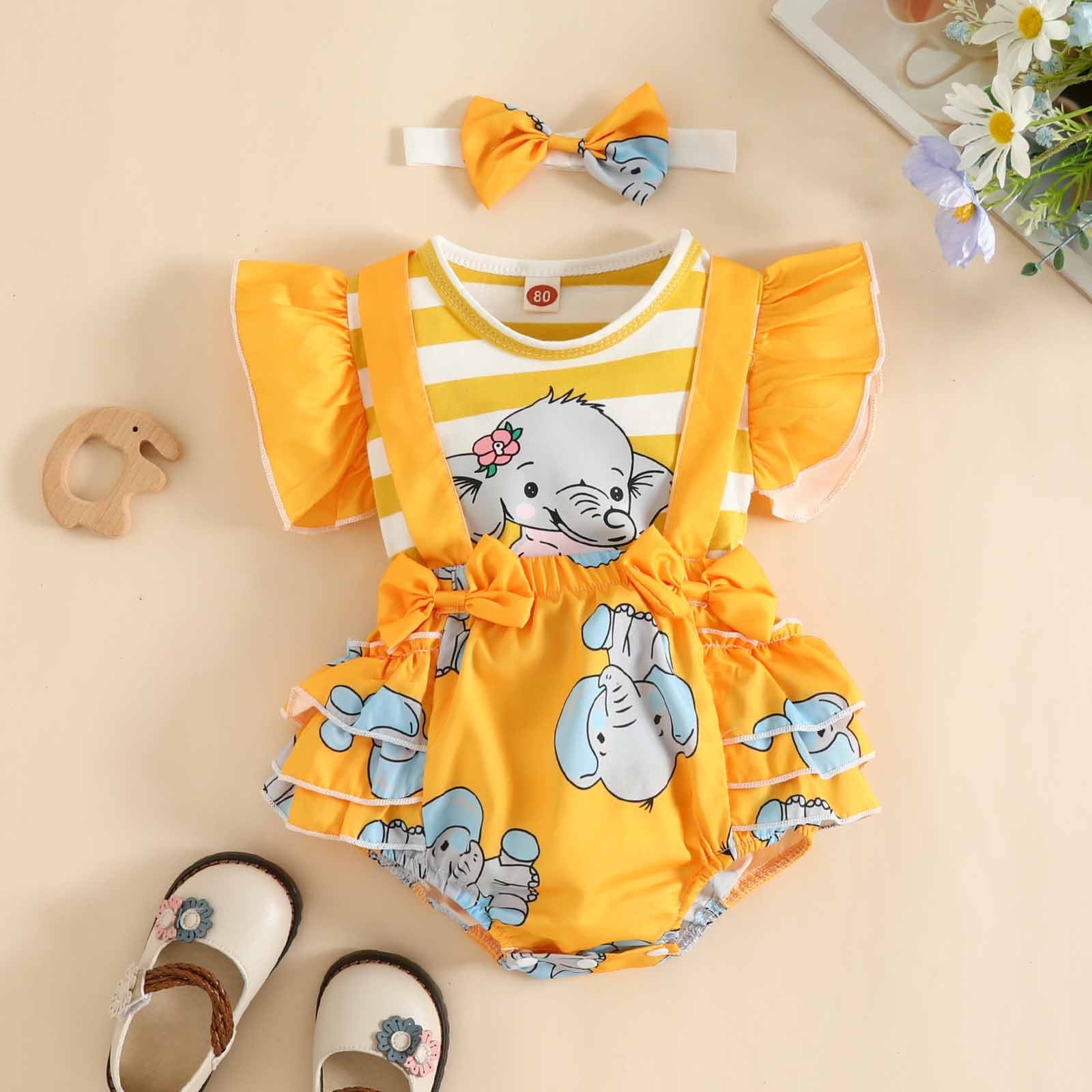 zanvin Baby Boy Girl Clothes 1 18m Infant Toddler Baby Girl Ruffled Print Top With Straps Shorts And Headband Set baby Dresses Holiday item Yellow