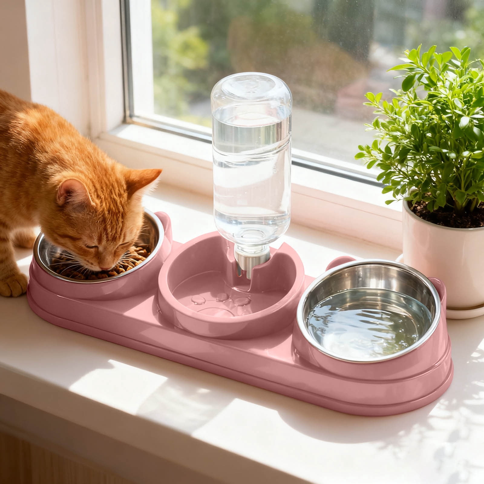 15Â° Raised Triple Cat Bowls Set Stainless Steel Pet Feeder with 16.9oz/500ml Automatic Water Dispenser Non- Food Water Bowl for Small Dog Rabbit Indoor Pet Pink