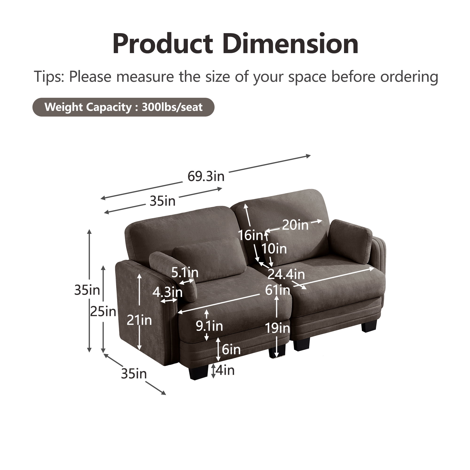 70" Modern Modular 2 Seater Loveseat Sofa Couch with 4 Pillows