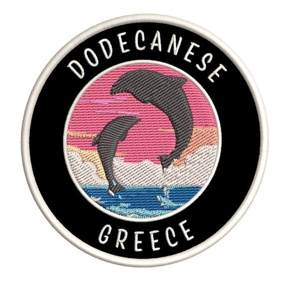 Dodecanese, Greece Dolphin Sunset 3.5 Inch Iron Or Sew On Embroidered Fabric Badge Patch Ocean Beach, Salt Life Iconic Series