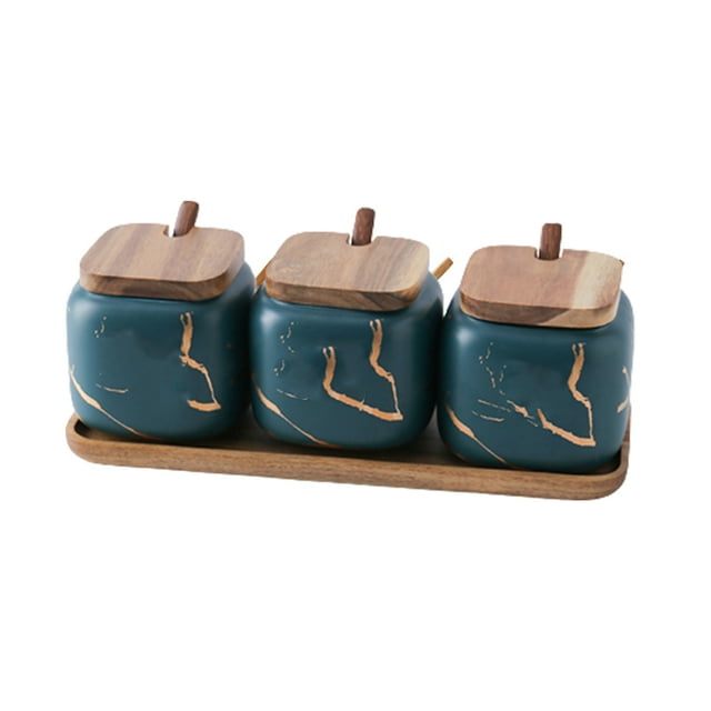 Kearding Juego de tarros de especias con diseño de mármol nórdico, caja de almacenamiento de cocina para sal, azúcar y pimienta, botellas de Cocina y Comedor Verde oscuro/ 3 en 1
