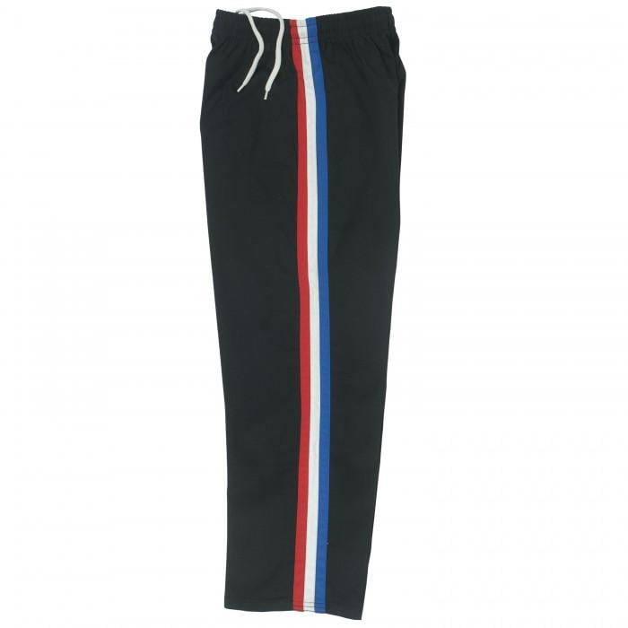 black track pants with red and white stripe
