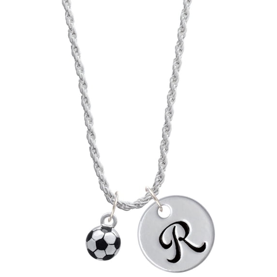 Delight Jewelry Silvertone 3-D Soccer ball Silvertone Script Initial Disc - R - Charm Necklace, 20"+3"