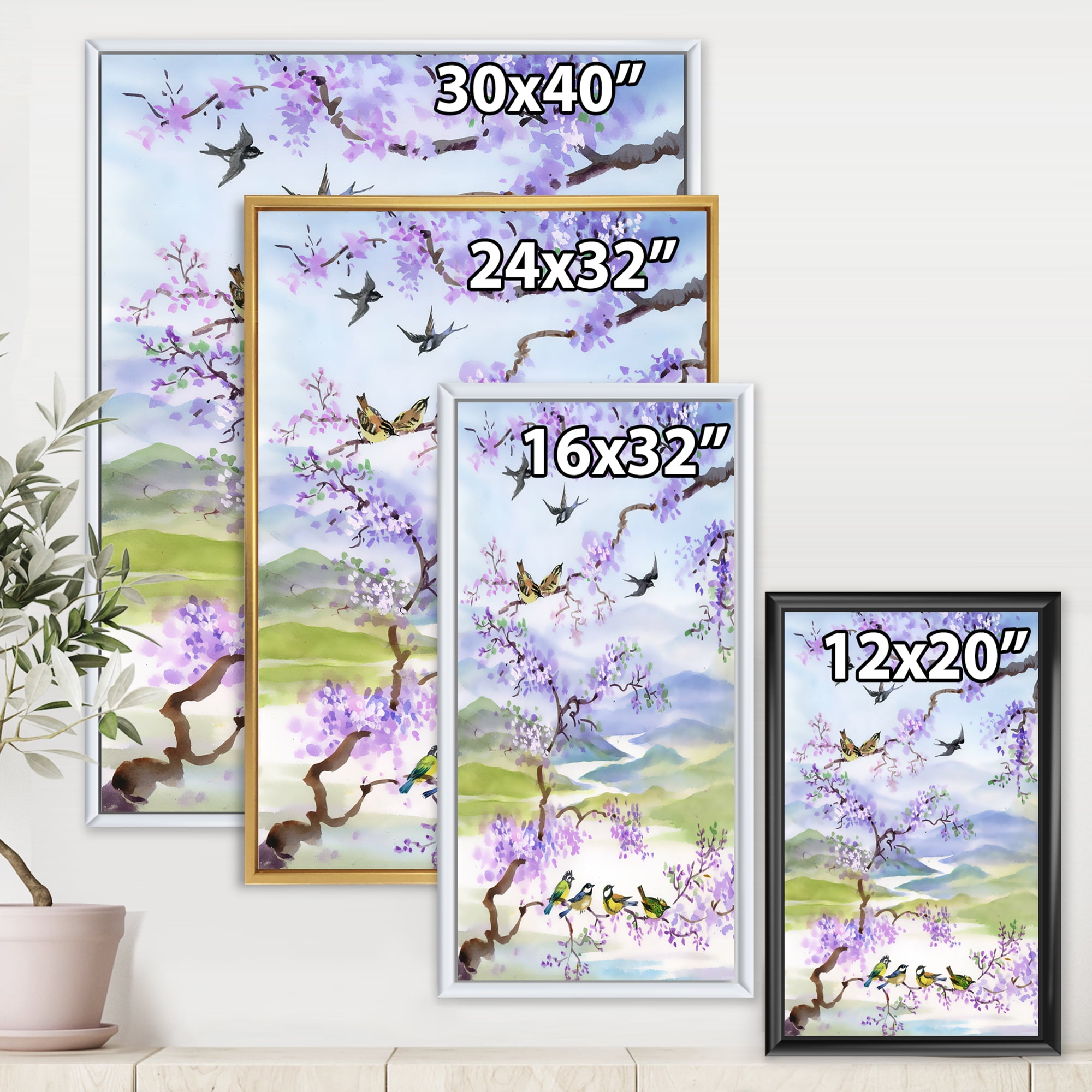 Designart 'Birds Sitting On Cherry Branch' Traditional Framed Canvas Wall Art Print