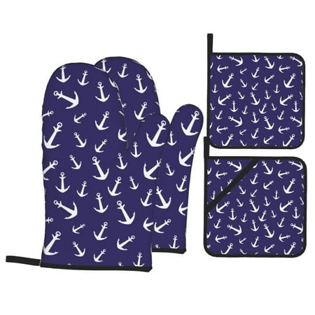 

Oven Mitts and Pot Holders Sets 4 pcs White anchor navyblue print Non-Slip Oven Gloves Potholders Soft Quilted Lining Heat Resistant Gloves Hot Pads for Kitchen Cooking Baking