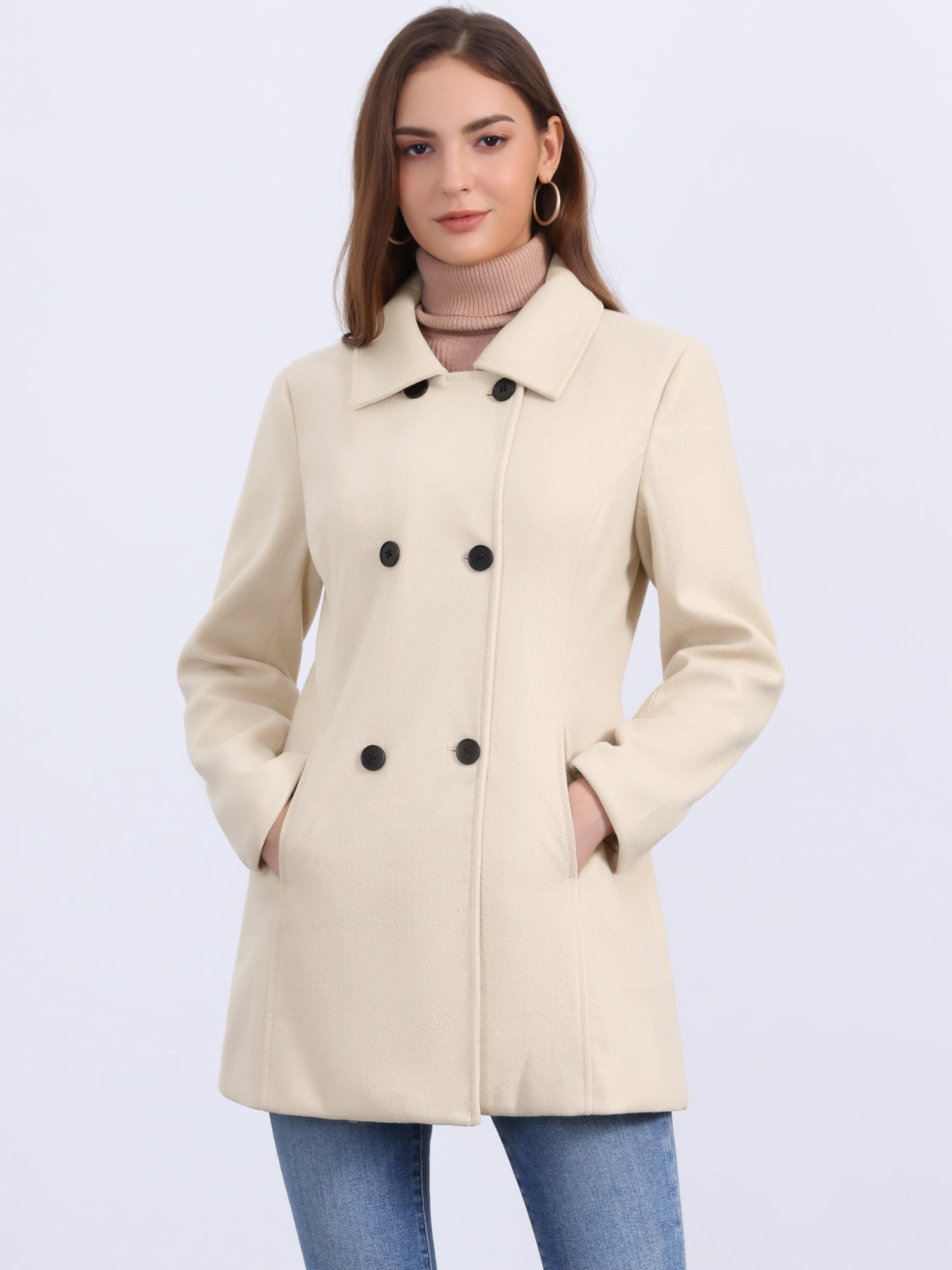 DARING DIVA Women's Double Breasted Long Sleeves Button Down Winter Peacoat L Beige