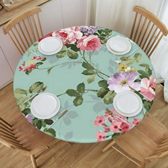 Round Fitted Tablecloth with Elastic Mint Floral Teal Round Outdoor Tablecloths Fitted Table Covers for Round Tables Waterproof Reusable Vinyl Table Cloth for Indoor and Outdoor 44"-48"