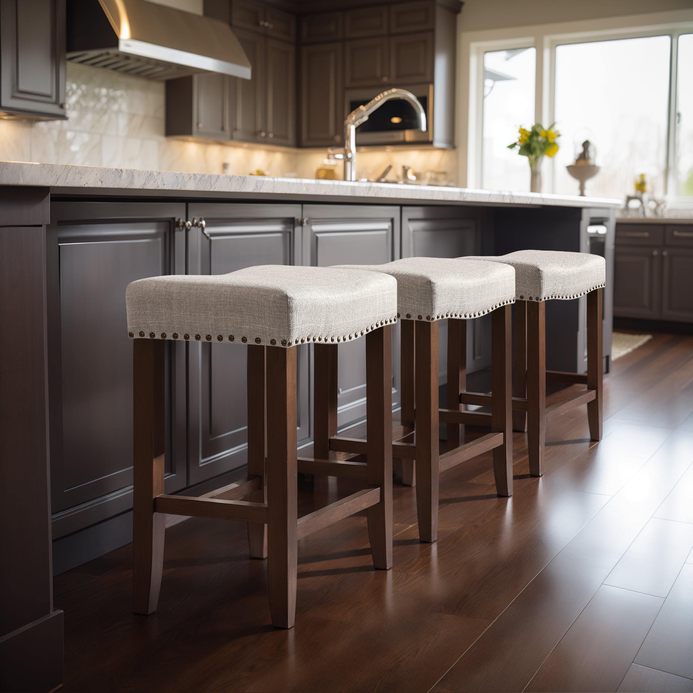 Subrtex Bar Stool Set of 2, 24" Backless Saddle Counter Height Kitchen Stool, Upholstered, Gray
