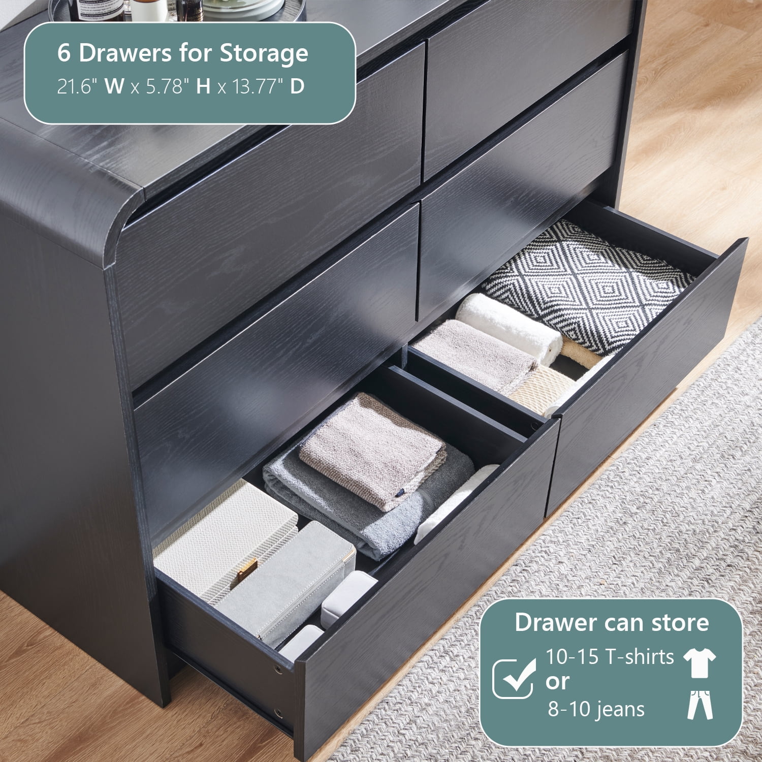 wow97e Modern 6 Drawers Dresser for Bedroom, 47" Wide Wood Chest of Drawers w/Curved Profile Design, for Bedroom, Living Room, Black