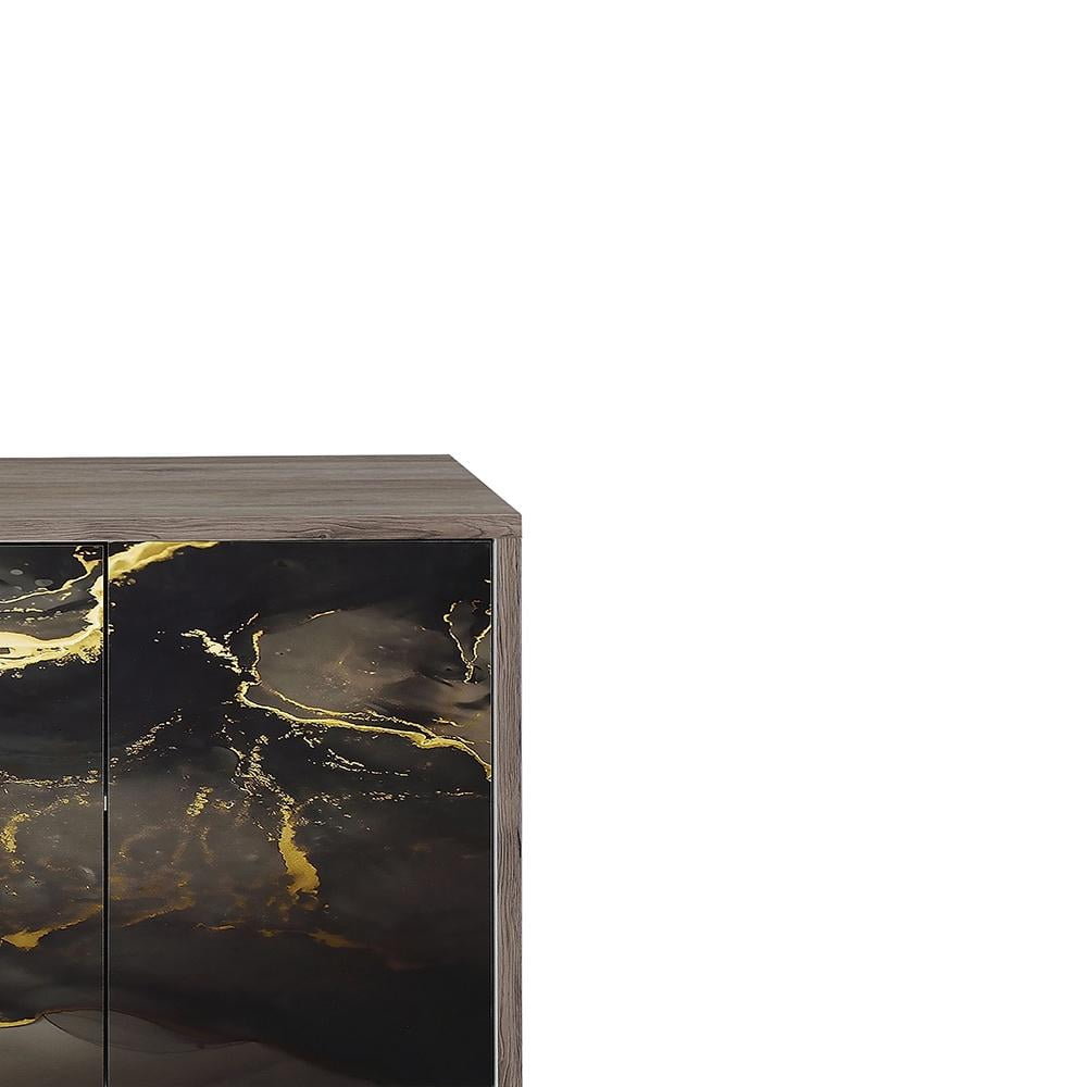 ACME Payo Wood/Metal Console Cabinet in Black Marble Paint/Oak & Champagne