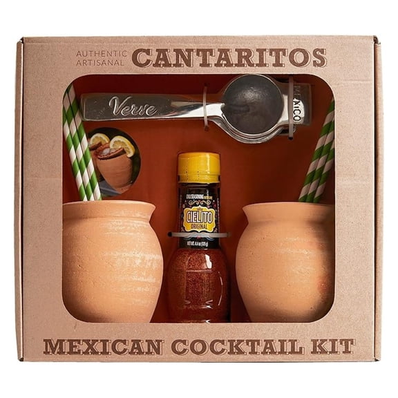 Cantaritos de Barro Cocktail Kit by | Traditional Mexican Clay Cups | Artisanal Cups for Cold or Hot Drinks | Set of 2 Cups, Hand Juicer, Chili Salt & Straws