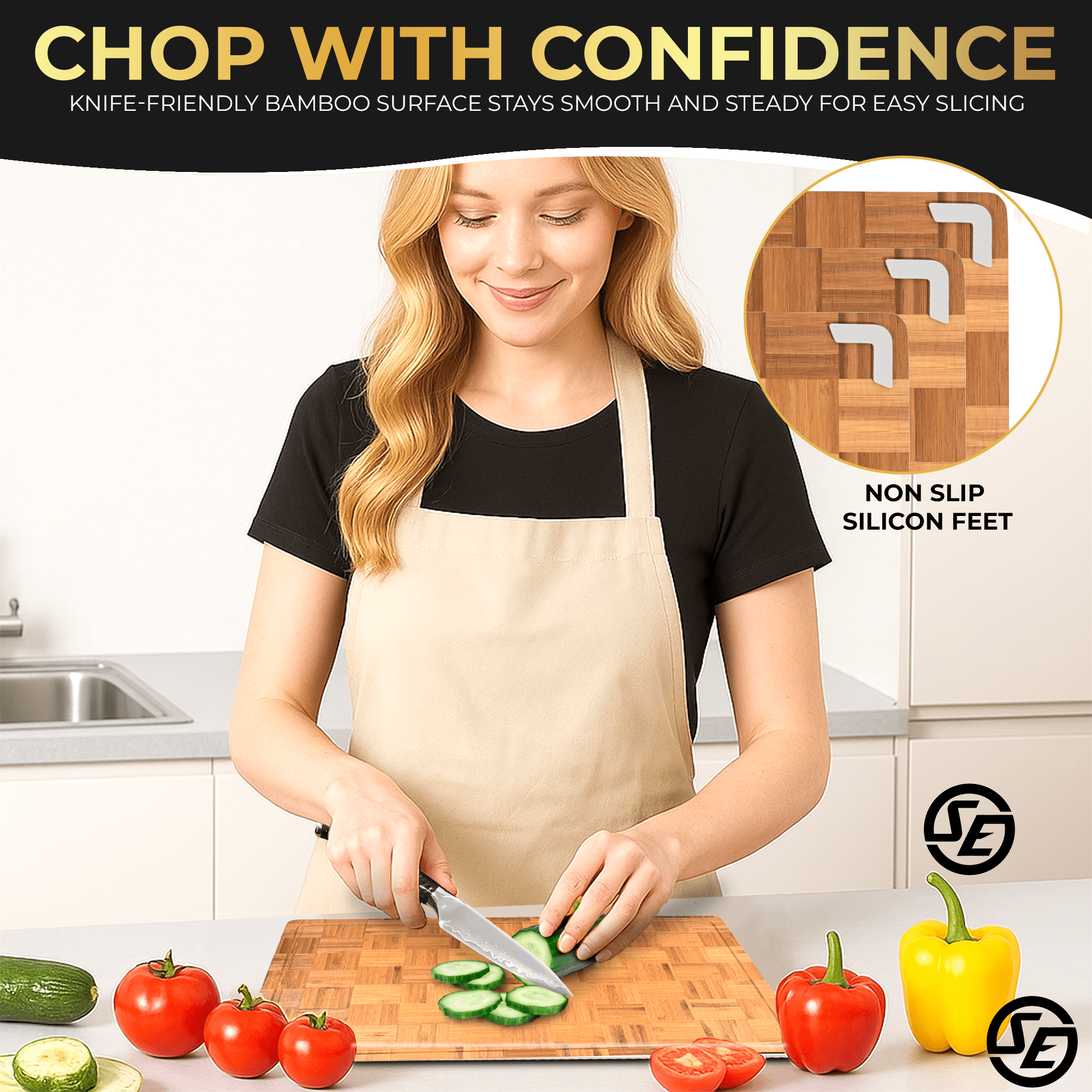 SliceElite 3-Piece Extra Large End Grain Bamboo Cutting Board Set with Holder
