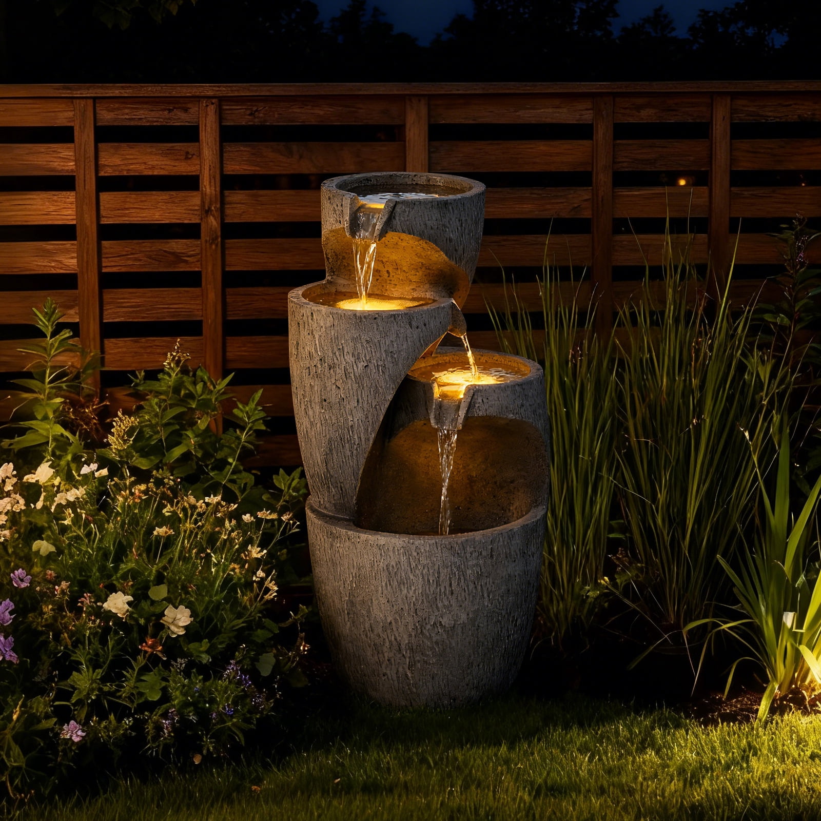 28" Outdoor Cascading Garden Water Fountain for Patio, Backyard, Deck, Porch and Home Decor, 3-Tiers Clay Pot Fountain with Lights