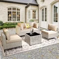 thumbnail image 2 of Ovios 5 Pieces Outdoor Patio Furniture Wicker Conversation Sectional with High-Back & Solar Lamps Coffee Table for Backyard, 2 of 5