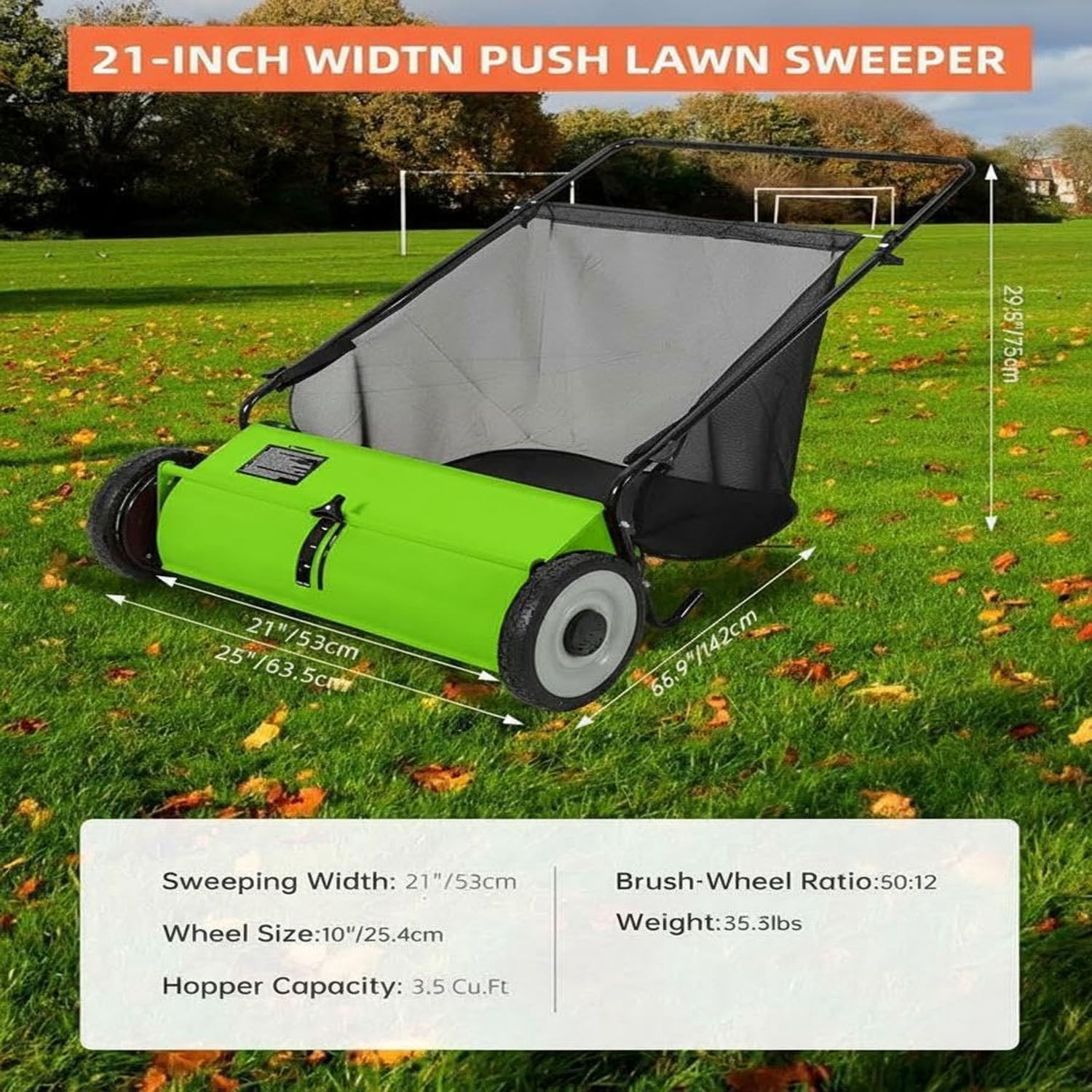 Gaderth Efficient 21-Inch Push Lawn Sweeper, Heavy-Duty Steel Frame, 4 Enhanced Spinning Brushes, Large 3.5 cu.ft Pusher, Strong Rubber Wheels, Manual Leaf & Grass Collector
