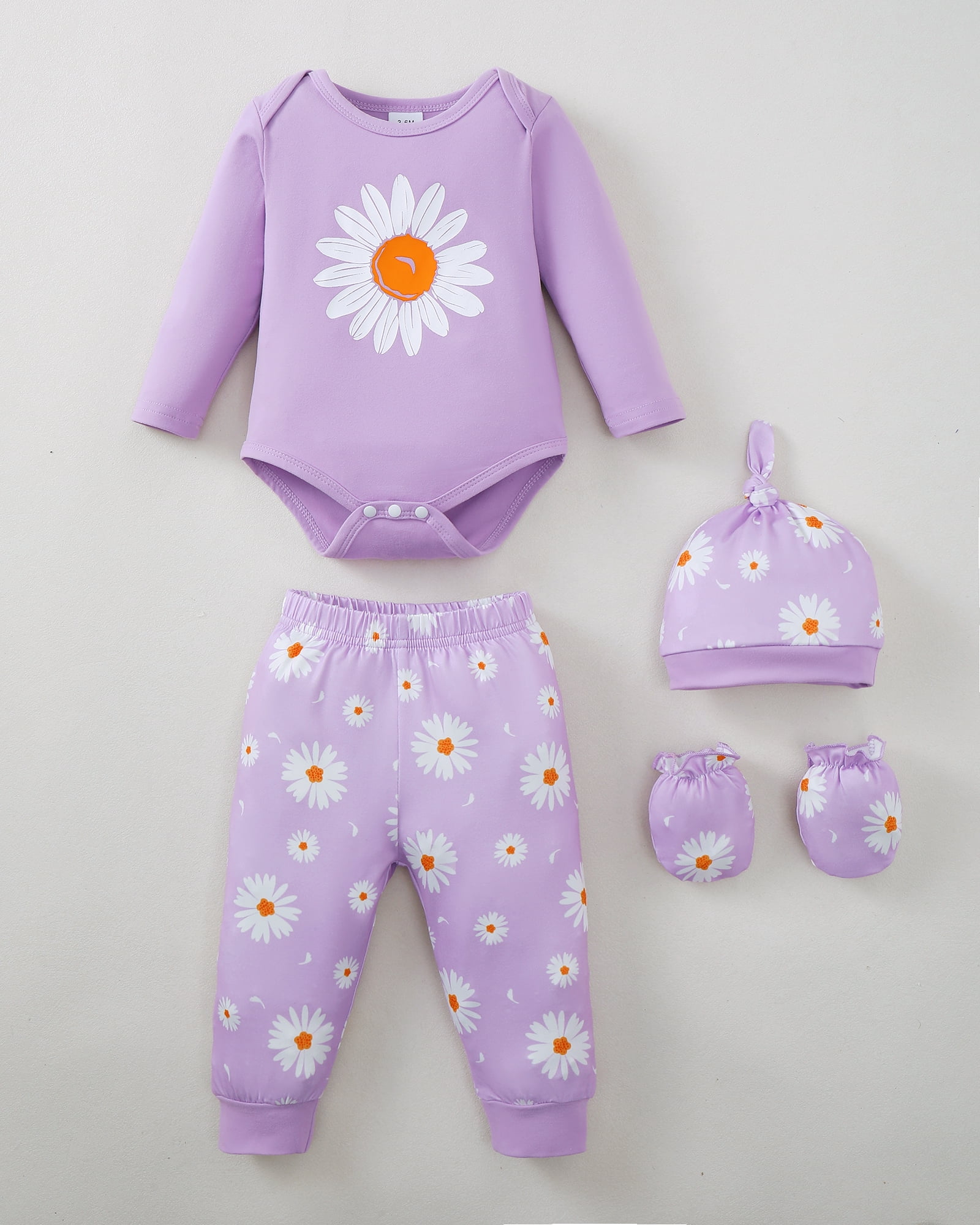KIMI BEAR Newborn Baby Girls Layette Set 4 Packs 6-12 Months Shower Gifts Essential Clothing Short Sleeves Long Sleeves Romper Top Pants and Bodysuit with Hats and Gloves 15pcs Clothes Purple
