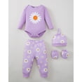 thumbnail image 6 of KIMI BEAR Newborn Baby Girls Layette Set 4 Packs 0-3 Months Shower Gifts Essential Clothing Short Sleeves Long Sleeves Romper Top Pants and Bodysuit with Hats and Gloves 15pcs Clothes Purple, 6 of 9