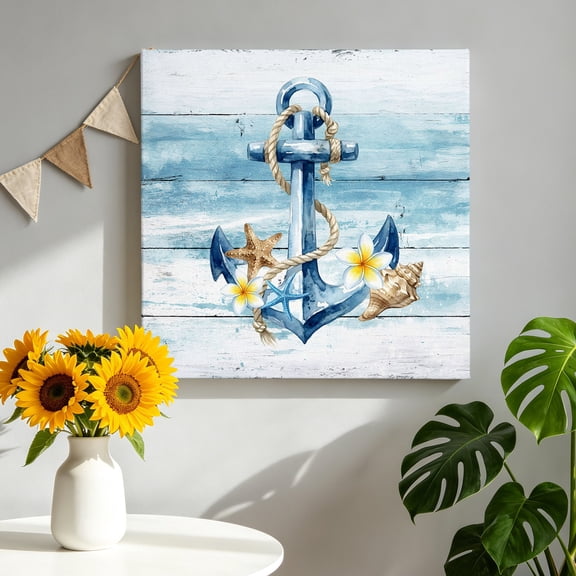 Canvas Wall Art Summer Ocean Anchor Canvas Art Print Nautical Sea Blue Anchor Starfish Flower Wood Grain Wall Decor for Living Room Bedroom Artwork Decorations Stretched Framed Ready to Hang 12"x12"
