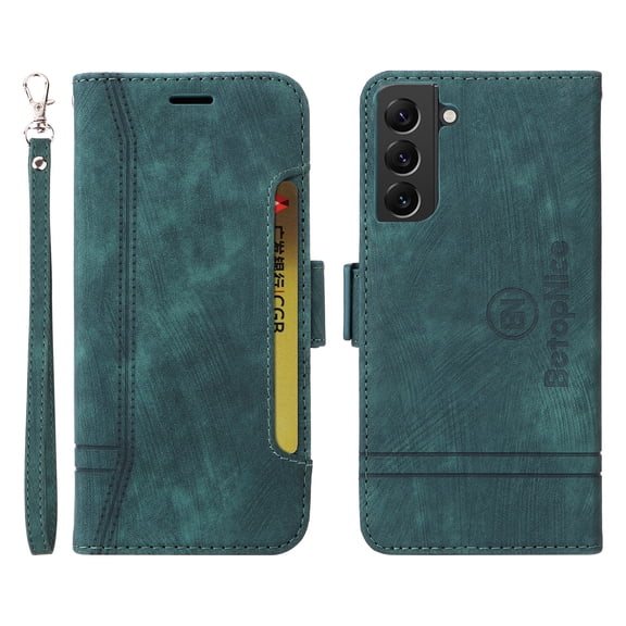 K-Lion Wallet Case for Samsung Galaxy S22 5G 6.1 inch,Shockproof Magnetic Clasp Folio Flip Kickstand ID Credit Card Slots Holder PU Leather Wallet Phone Cover with Wrist Strap,Green