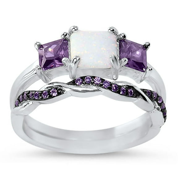 LaRaso & Co Purple White Fire Opal Wedding Ring Set for Women CZ Silver Wedding Set Size 7