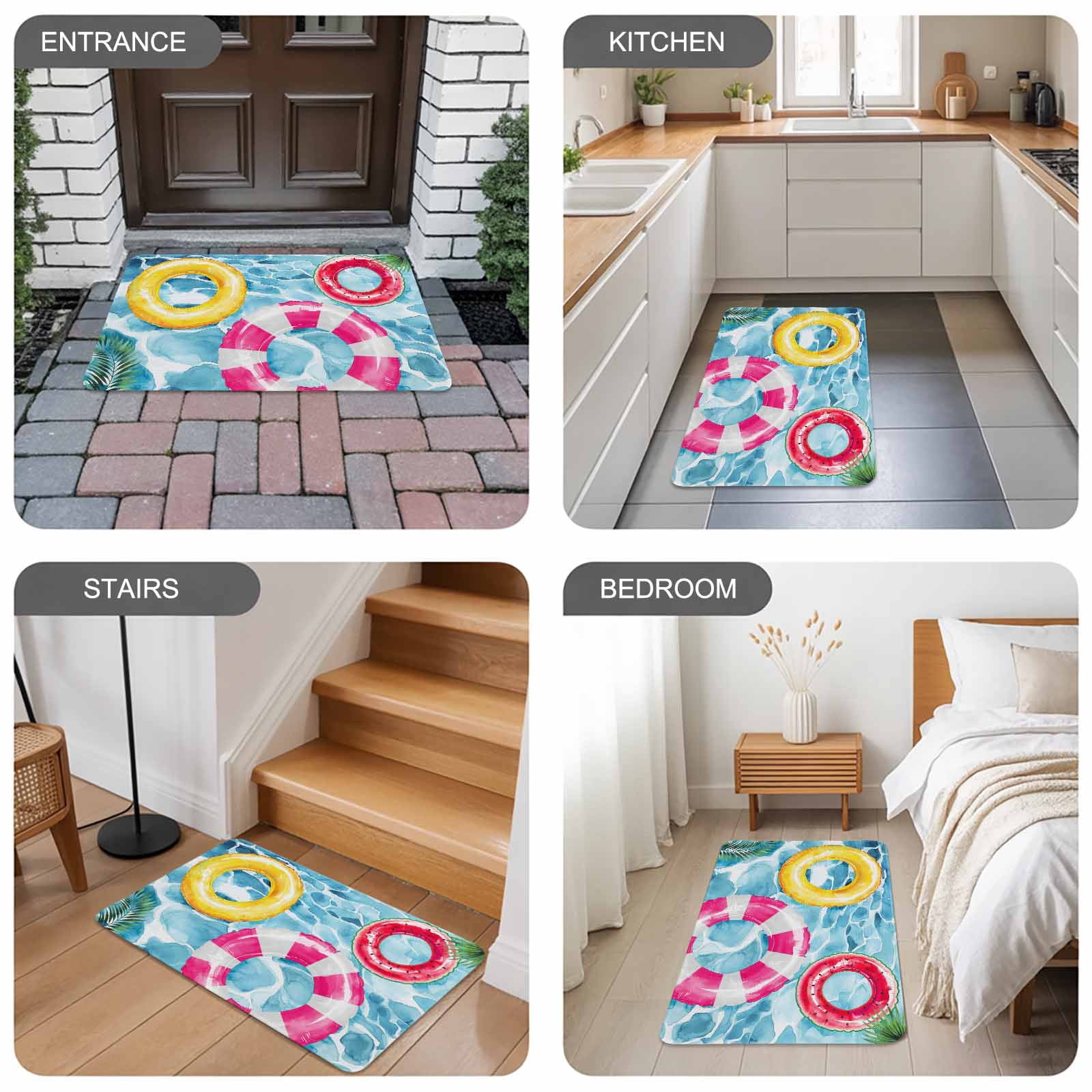 Summer Blue Pool Doormat Outdoor Entrance 24"x36", Ocean Beach Swimming Ring Vintage Absorb Moisture Dirt Door Mats, Non-Slip Rubber Backing Floor Mats Indoor, Low-Profile Front Door Rugs