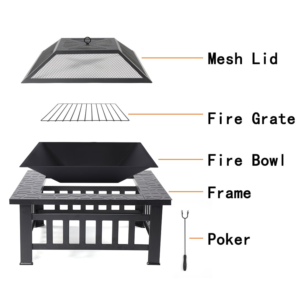 Multifunctional Fire Pit Table, 32'' Fireplace Heater/Ice Pit, Square Metal Fire Pit Stove with Screen Lid and Log Poker for Backyard Garden Camping Picnic Bonfire
