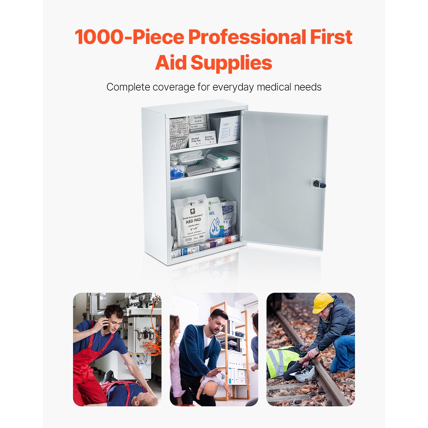 KFFKFF 3-Shelf First Aid Cabinet, 1000 Pieces, Large Capacity Kit, Wall-Mounted Medicine Cabinet, OSHA & ANSI 2015 (Class A), Industrial Emergency Metal Box, for Business and Worksite