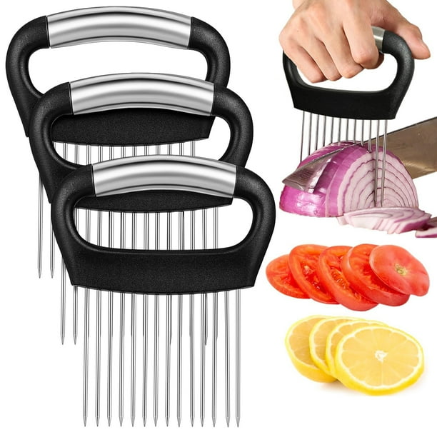 ColoMX 3 soportes para cortar cebolla de acero inoxidable, herramienta para picar frutas y verduras, ablandador de carne, soporte para picar cebolla para cortar en cubitos.