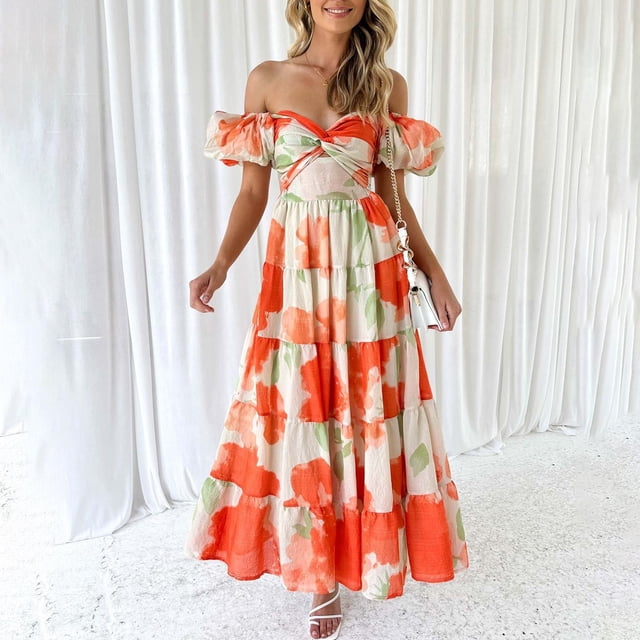 WILLBEST Vestidos de Verano para Mujer, Modernos, Bohemios, con Estampado Floral, Cuello Redondo, Manga Corta, Cuello En V, Vestido Largo Mediana